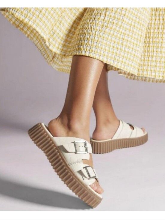 Clarks Shoes - Clarks Cream Sandal with Brown Ribbed Sole